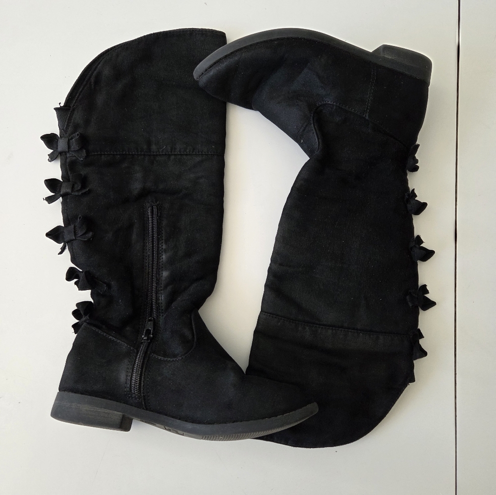 Cat & Jack Girls Knee High Riding Boots Size 2 Bow Back Zip-Up Faux‎ Suede Black